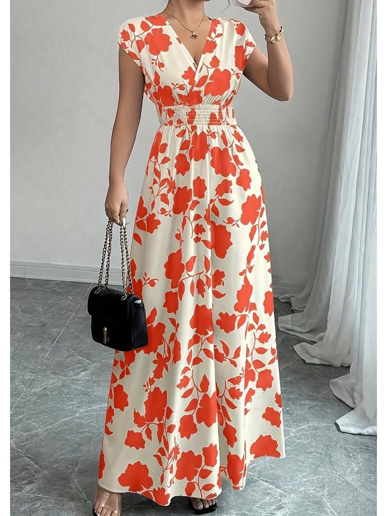 2025 Women's V-Neck Short Sleeve Tie-Up Dress with New Print - Spring/Summer Waist-Cinching Long Dress