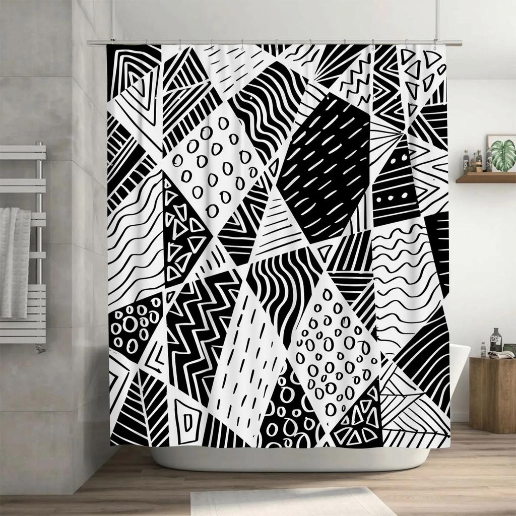 ~O~Black White Geometric Print Shower Curtain Modern Bathroom Decor Waterproof Fabric for Home Bathrooms Available in Various Si