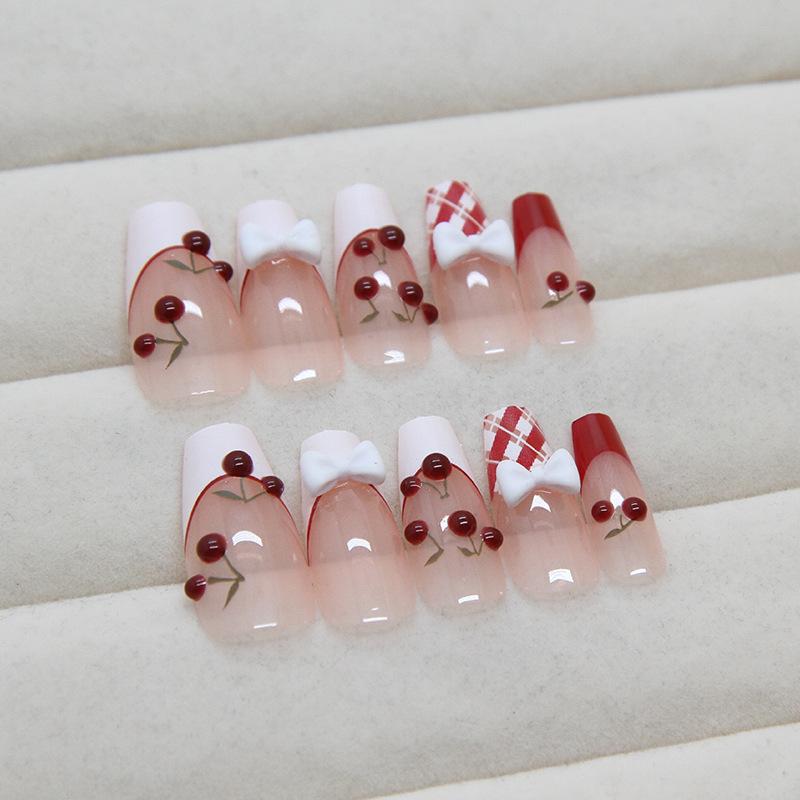 Nagelpflaster Französische Schleife Falscher Nagel Abnehmbarer Nagel Karomuster Litschi Tragen Nagel Diamant Nagelpflaster