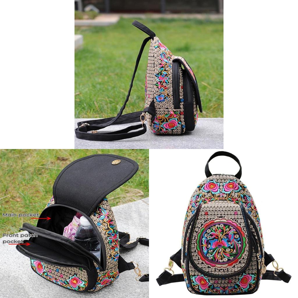 Canvas Vintage Embroidered Backpack With Floral Pattern For Casual Travel And Girls