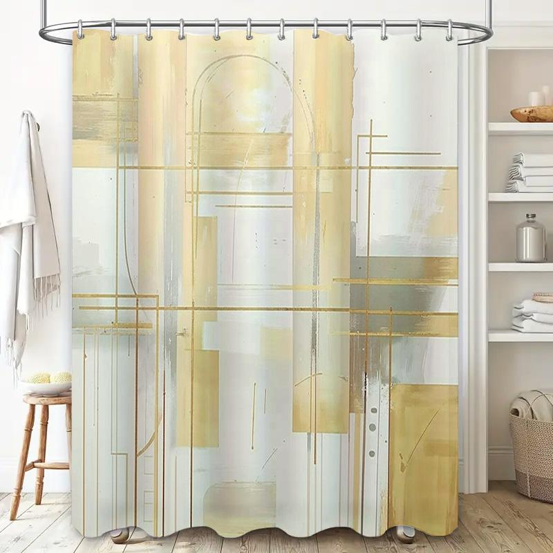 Luxury Bath Shower Curtain with Artistic Design White and Beige Abstract Watercolor Pattern
