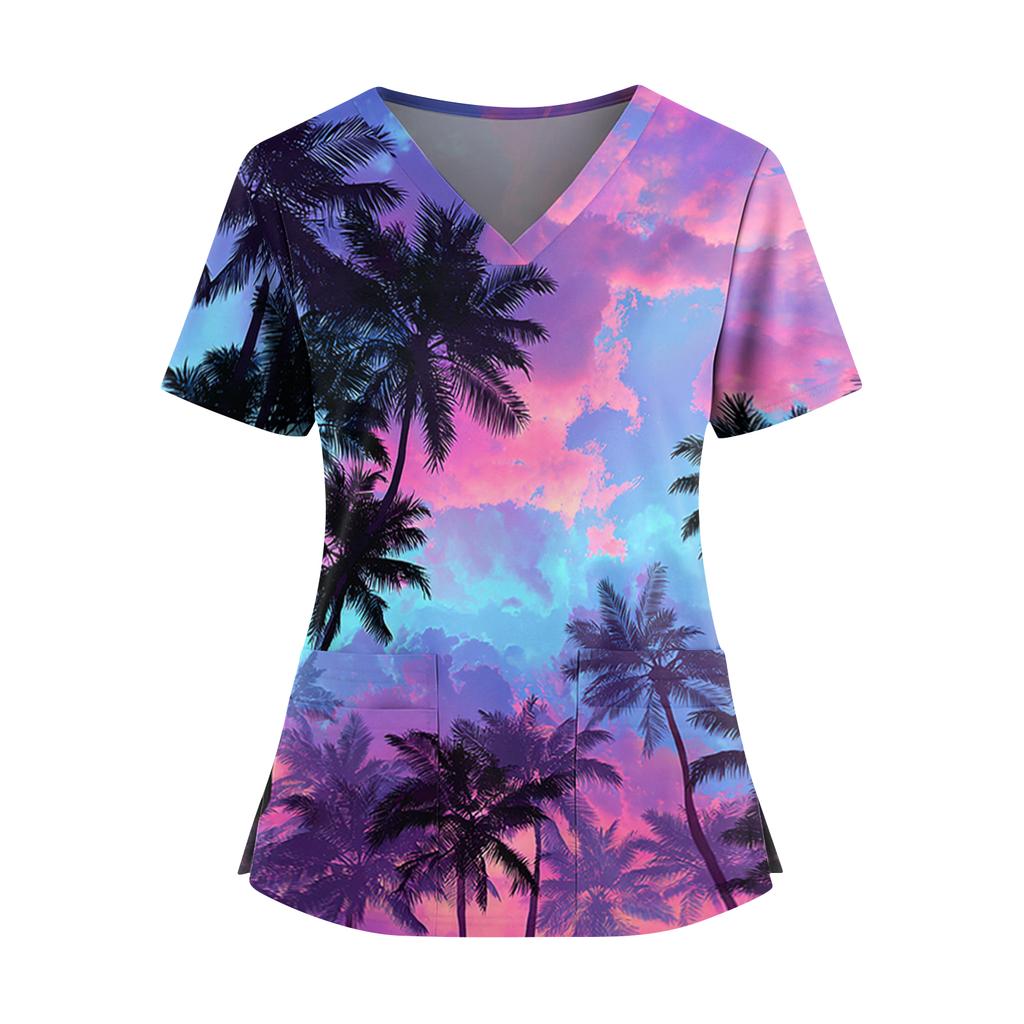 Women's Hawaiian Print V-Neck Double Pocket Short Sleeve Uniform/ Top
