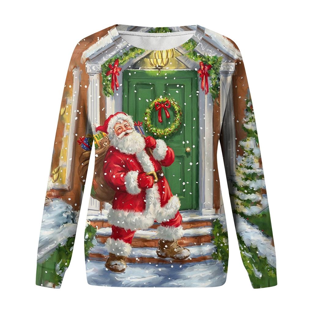 Women's Casual Neck Long Sleeve Raglan Christmas Print Pullover Sweatshirt