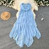 Summer Women Sexy Strapless Open Back Long Maxi Ruffles Chiffon Irregularly Seaside Beach Dresses