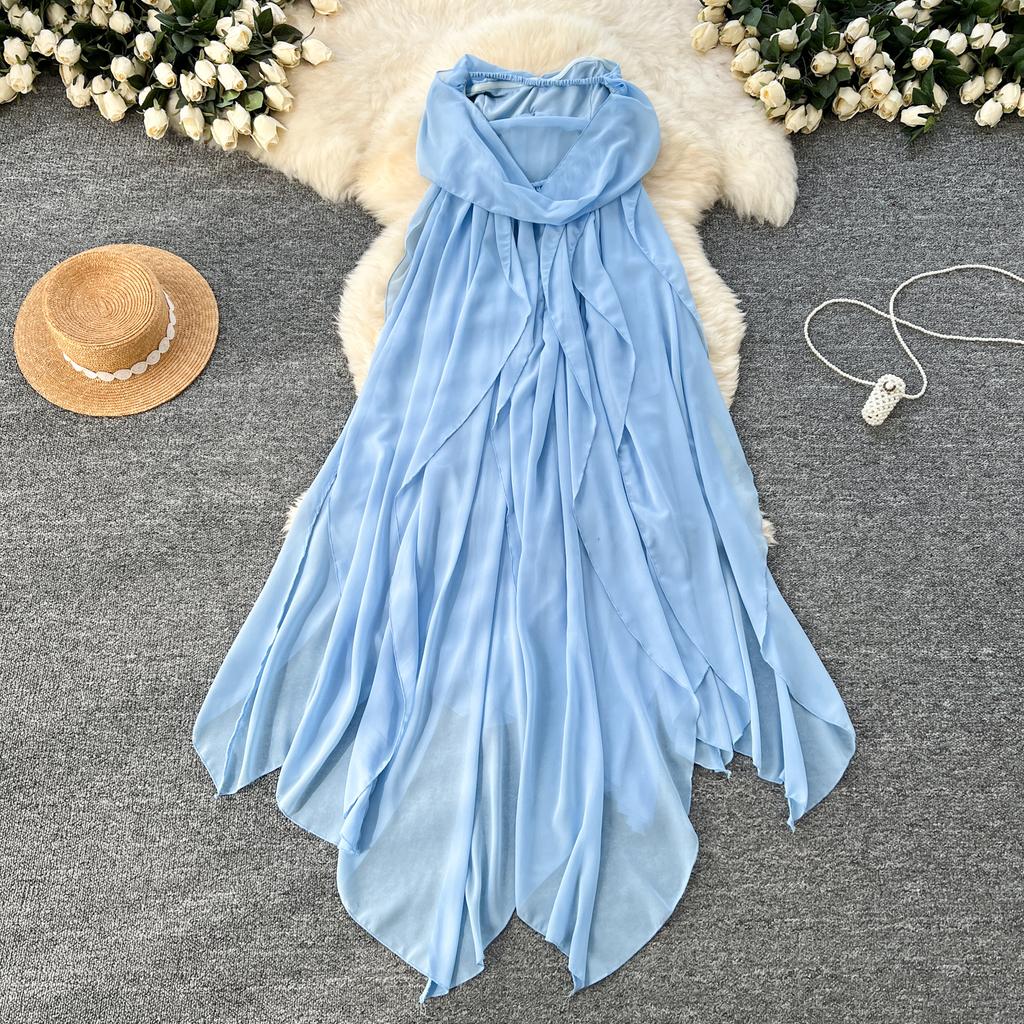 Summer Women Sexy Strapless Open Back Long Maxi Ruffles Chiffon Irregularly Seaside Beach Dresses