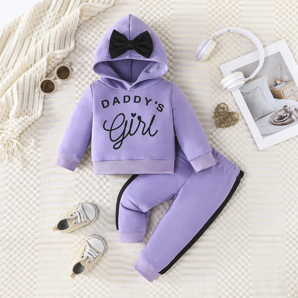 

Spring and Autumn New Casual Fashion English Pattern Bow Decoration Hooded Sweatshirt Long Sleeve Long Pants 2-3Y фіолетовий