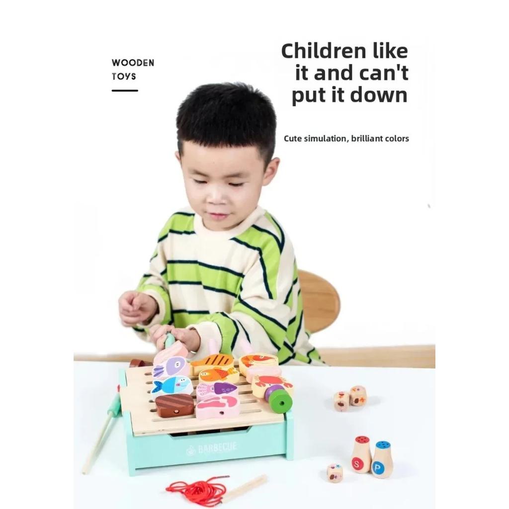 Wooden BBQ Toys Set Kitchen Pretend Play Toys Food Matching Game Children Role-playing Game Fine Motor Toys for Boys Girls