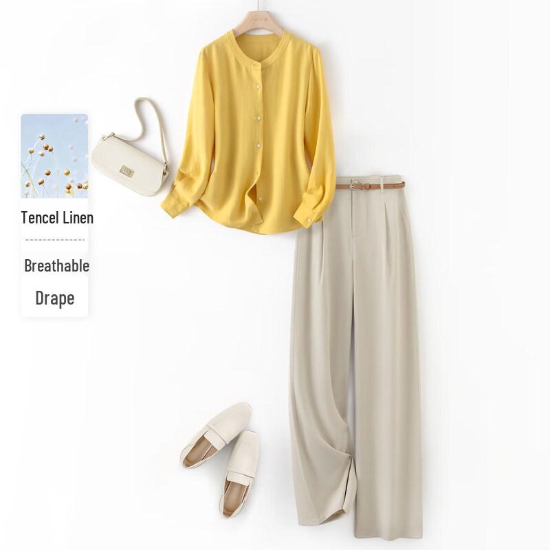 IHIMI Women s Tencel Linen Color Block Two-Piece Set S