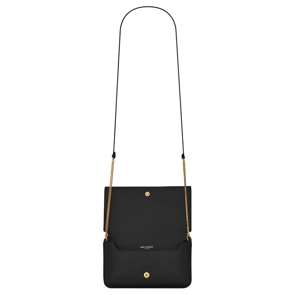 Saint Laurent Ysl Monograma Logo Dourado Pele de Bezerro Couro Liso Bolsa Transversal para Celular Bolsas Femininas Preto 635095-0U40J-1000