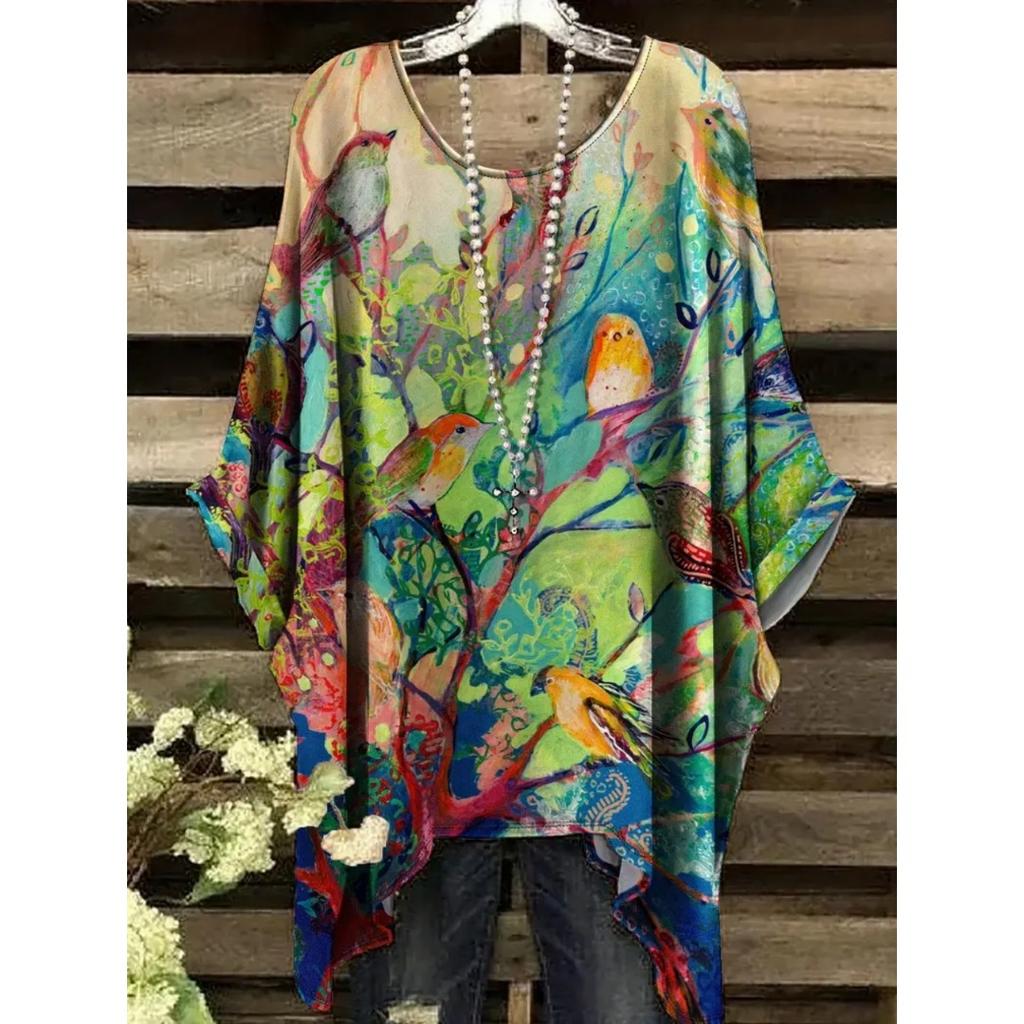 Camiseta de Verano para Mujer Estampado de Colibrí y Pavo Real Cuello Redondo Cola Cómoda Manga Corta Oversize Dobladillo Irregular Tops