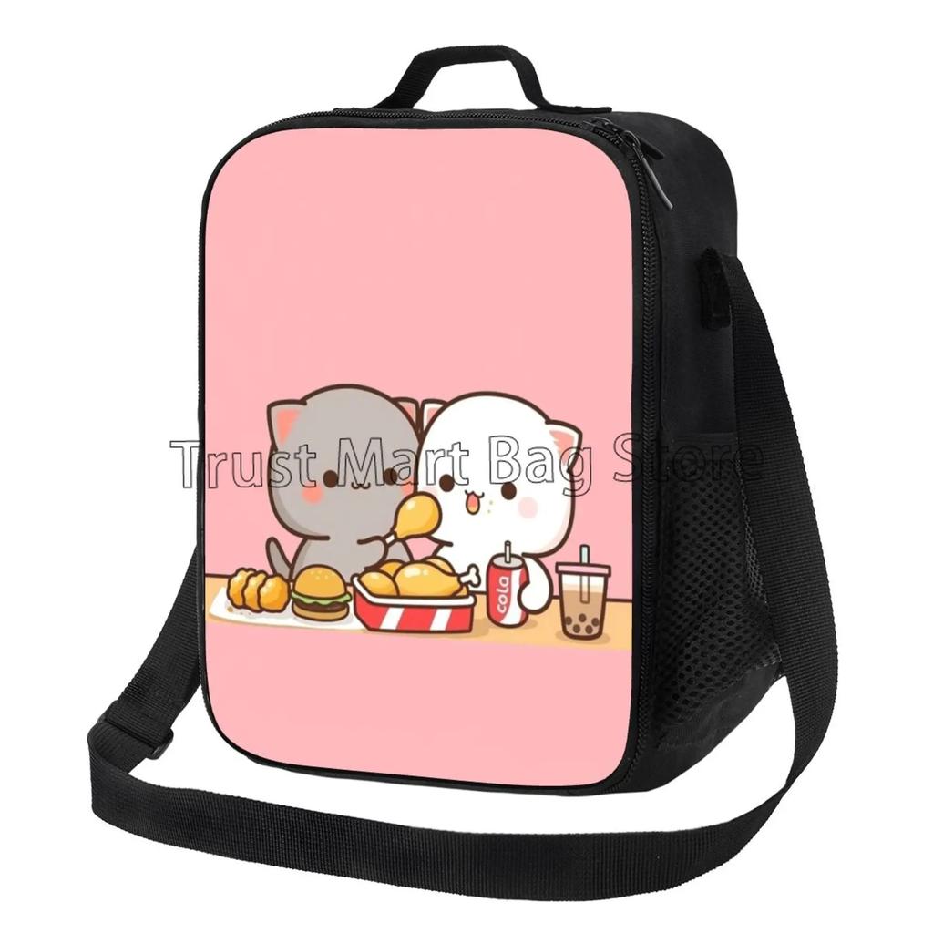 Cartoon Peach and Goma Mochi Cat Insulated Lunch Bag Resuable Leakproof Cooler Thermal Bento Bag with Adjustable Shoulder Strap
