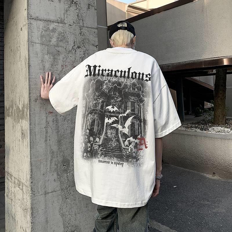 Summer Pure Cotton Men's Vintage Letter Print T Shirt Harajuku O-neck Oversized Casual Y2K Tops Men T-shirts Black White Male Hip Hop Streetwear