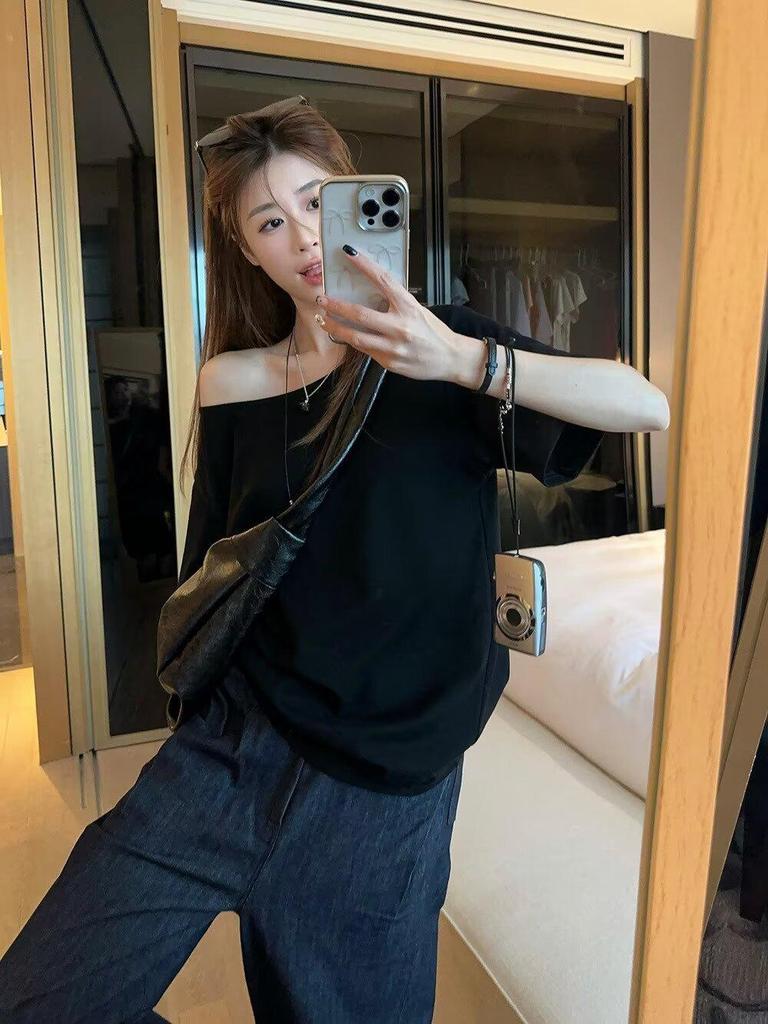 Spicy Girl Asymmetrical Neck Short-Sleeve T-Shirt - Women's Summer 2025 Korean Style Loose Slimming Top