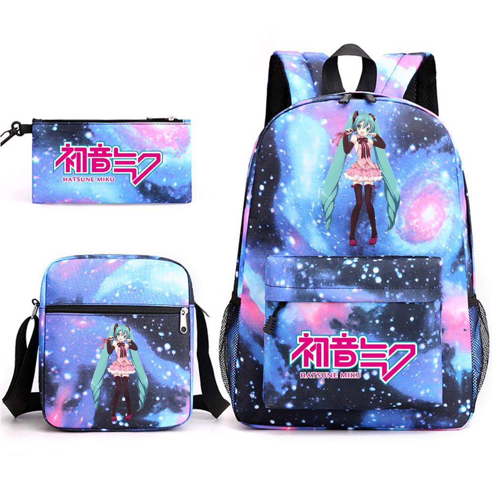 3Pcs/set Anime Cartoon Hatsune Miku Printed Backpack with Shoulder Bag Pencil Case for Teenager Student Boy Girl Large Capacity Waterproof School Bag