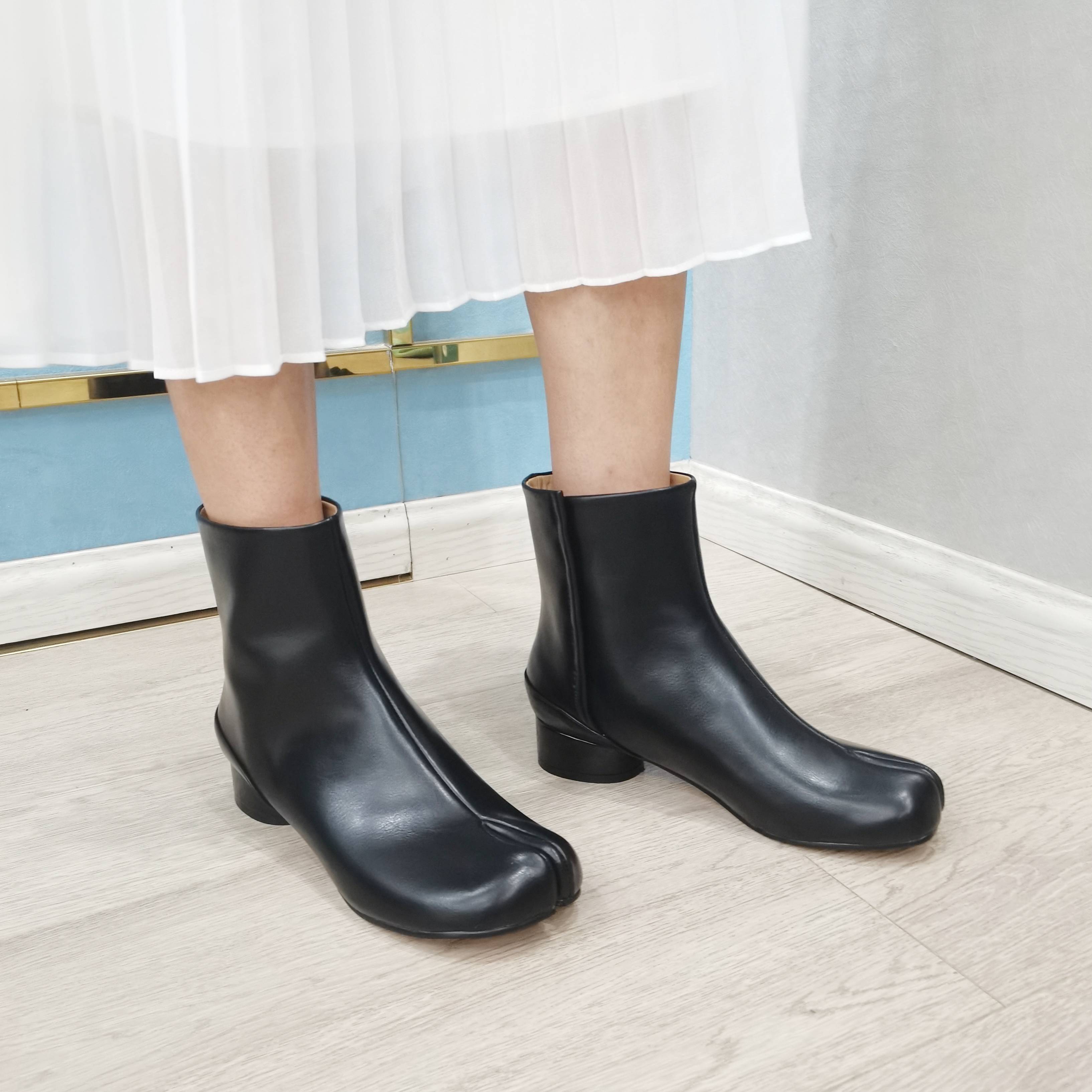 

Meotina Ботинки с раздельным носком Женские ботильоны Обувь из натуральной кожи Брендовые дизайнерские короткие ботильоны на круглом среднем каблуке Зима-Осень 42 43 34 чёрный