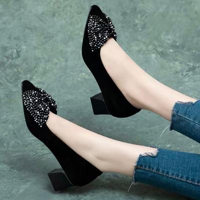 Fashion Pointed Single Shoes 2024 Spring New Black Foreign Style Korean Version Rhinestone Bow Sheepskin High Heels Women's Shoes