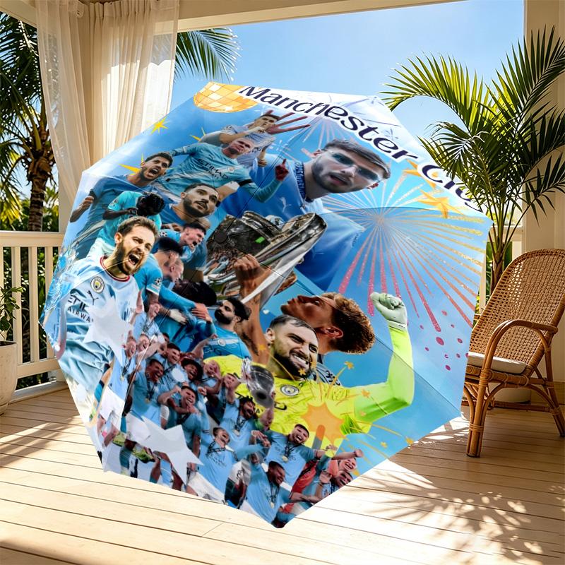 Manchester City FC Print Automatic Open Close Umbrella, Portable Foldable Umbrella, for Outdoor Commute Camping Trip, Ideal Birthday Gift