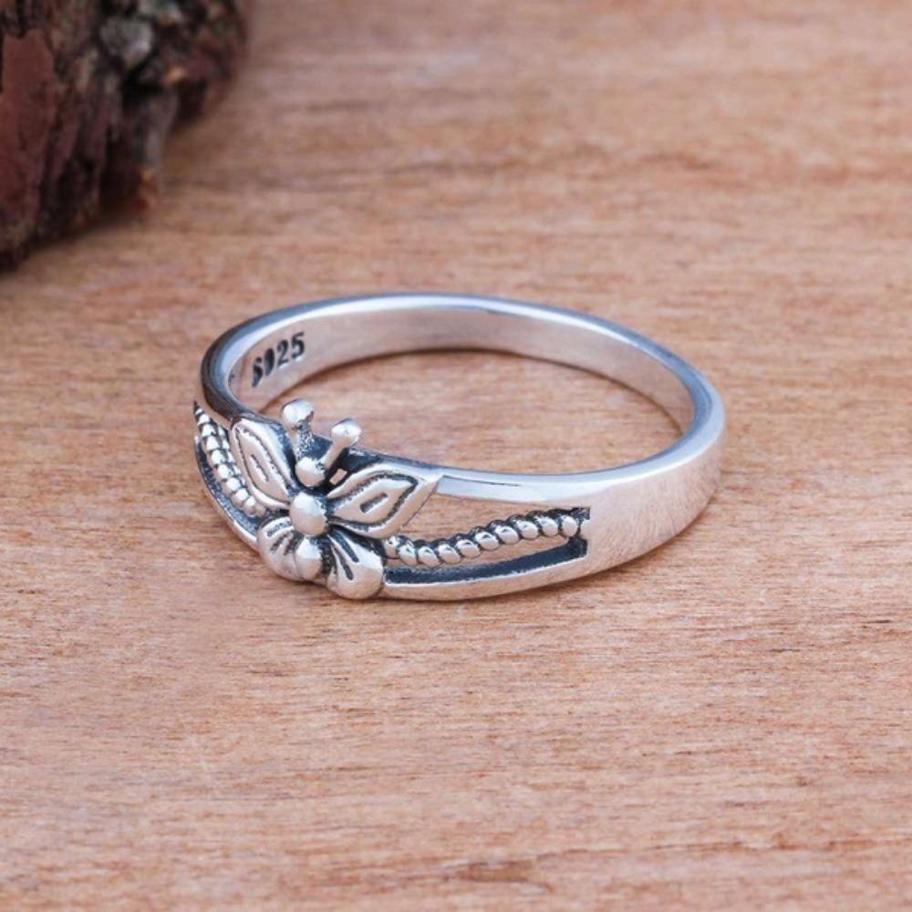 S925 Silver Plated Butterfly Ring for Women Lightweight Drip Oil Black Engagement Ring European Style