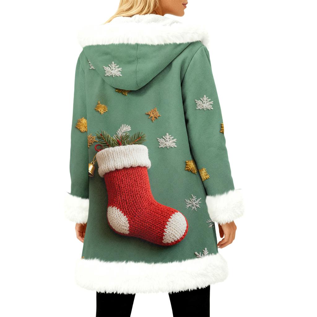 Unisex Casual And Fashionable Plush Collar Hooded Long Sleeved Christmas Printing Jacket