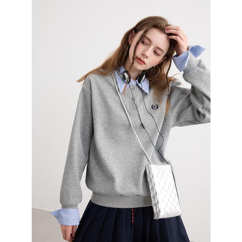 Sancai Women's Faux Two-Piece Striped Embroidered Fleece Sweatshirt