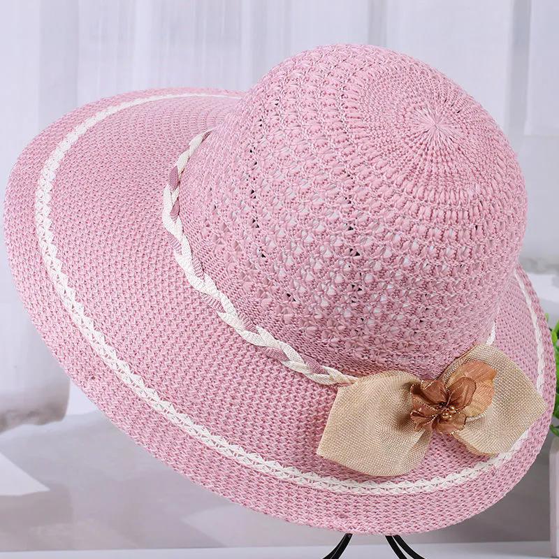 WTEMPO Female Solid Color Spring Summer Foldable Sunscreen Hats Wide Brim Travel Beach Breathable Sun Hats with Flower Bow