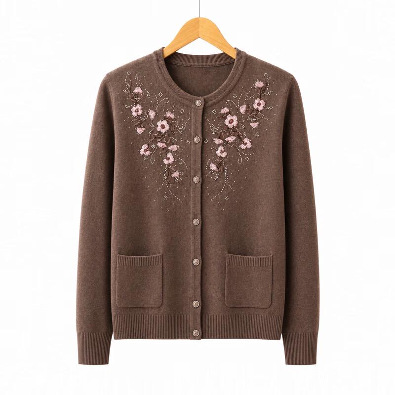 Women's Floral Embroidered Knitted Cardigan for Seniors