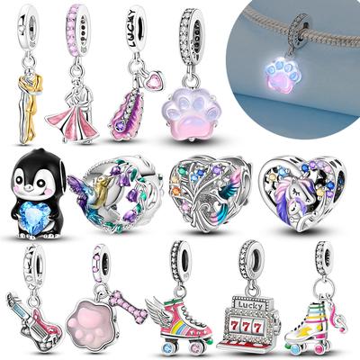 Real 925 Silver Luminous Cat's Paw Hummingbird Charms Beads Fit Original 925 Pan Bracelet For Women DIY Gift