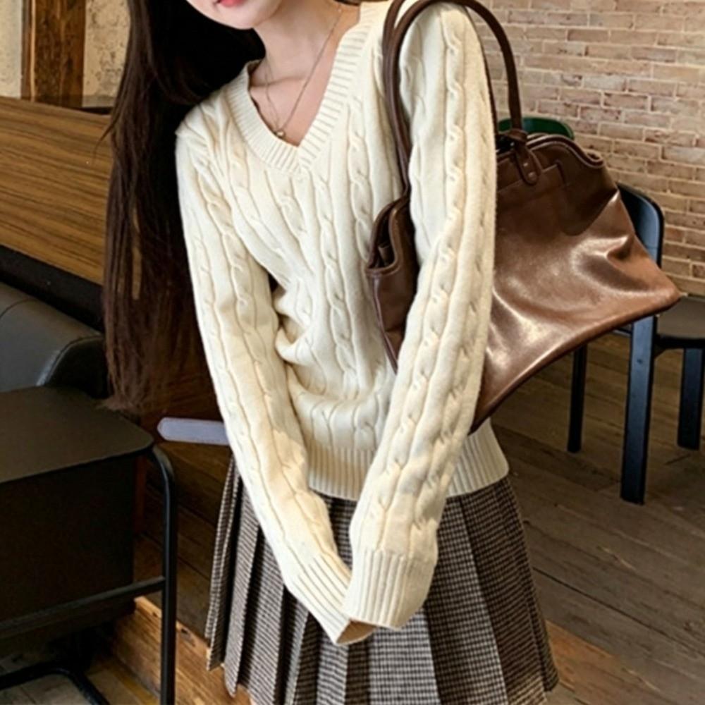 Long Sleeve V Neck Pullover Thick Loose Fit Korean Style Knitwear Fall Winter Sweater Inner Wear