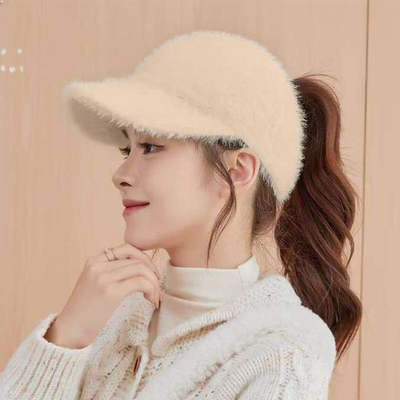 

Осенне-зимняя теплая бейсболка женская с высоким хвостом, шерстяная вязаная кепка с козырьком, для велоспорта, защита от холода, защита ушей, шляпа с полой макушкой, трендовая one size