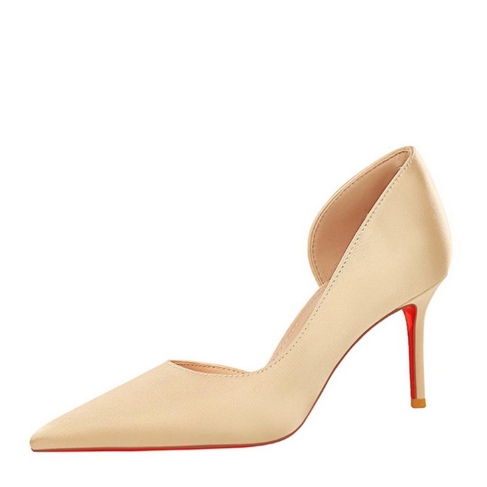 7.5cm Banquet Heels for Women Side Hollow Stiletto Pumps Pointed Toe Satin Dress Shoes with Single Ankle Strap DS-9267-A 34