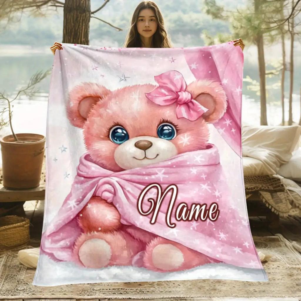 Coperta Orsacchiotto Rosa con Fiocco Nome Personalizzato Bambine Pile Coperta Morbida Calda Tutte le Stagioni Biancheria da Letto per Bambini Decorazione Regalo