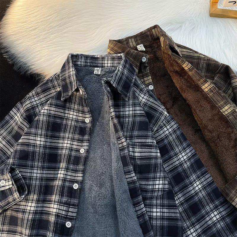 Men's High-End Hong Kong Style Plaid Fleece Shirt: Trendy, Warm, Stylish Long-Sleeved Autumn/Winter Innerwear.