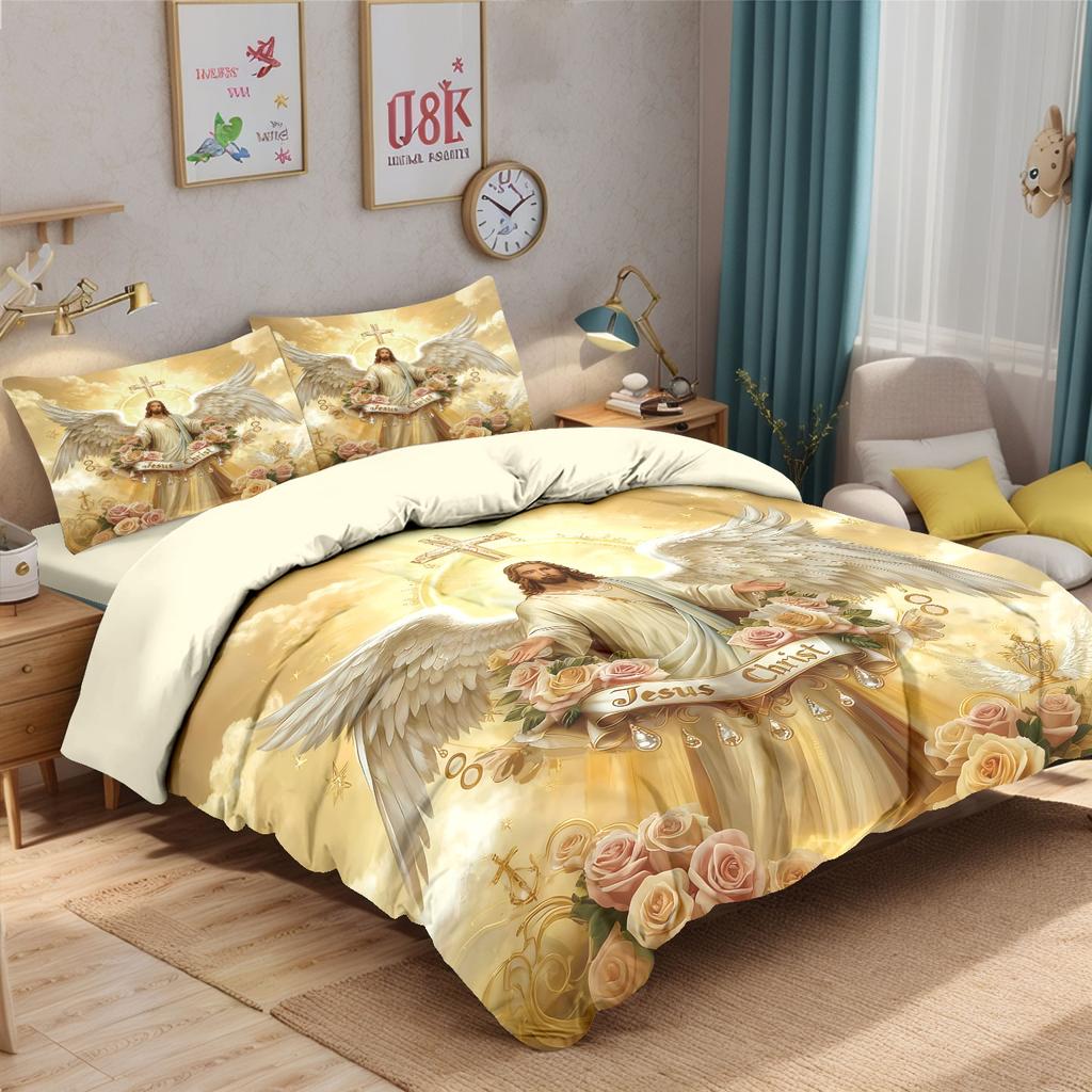 Set de așternut din poliester imprimat cu tematică Iisus, 3 bucăți, moale și confortabil, disponibil în mai multe mărimi și lavabil la mașină