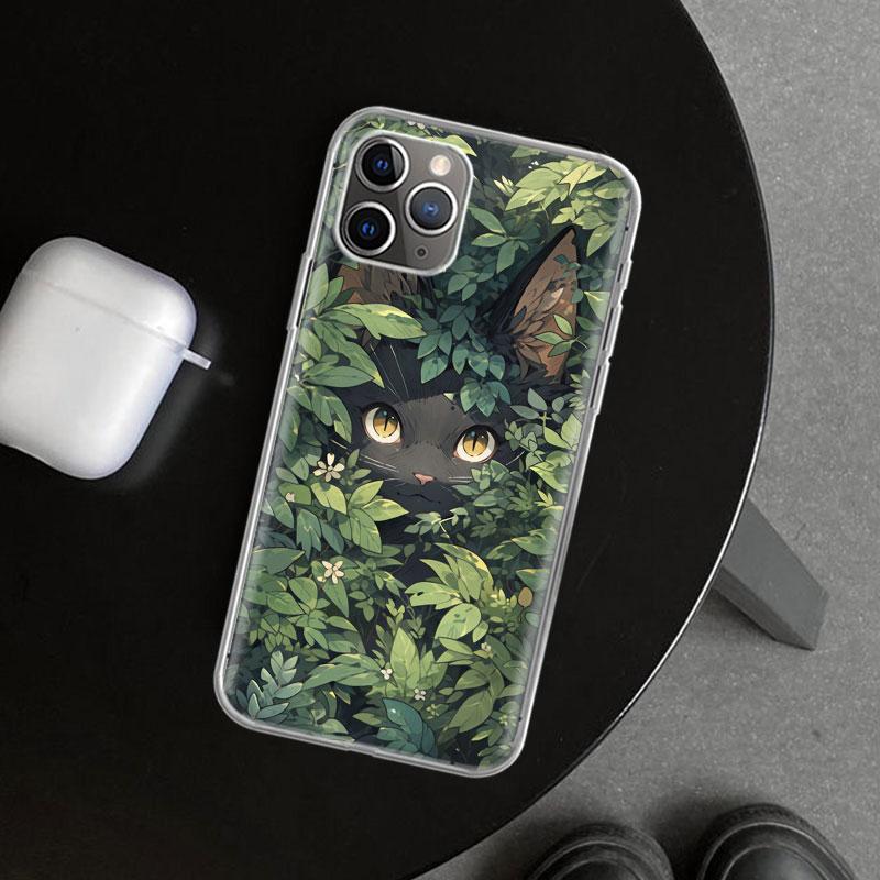 Anime Cute Black Cat Meow Phone Case Cover for iPhone 11 12 13 Mini 14 15 Plus 16 Pro Max 17 Air 7 8 + SE Art Customized Fundas