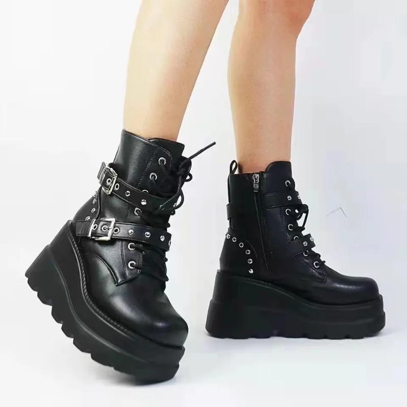 Fashion Stylish Punk Chic Platform Wedge Heeled Boots - Lace Up Ankle High, Comfortable, Versatile Women's Footwear for Everyday Wear