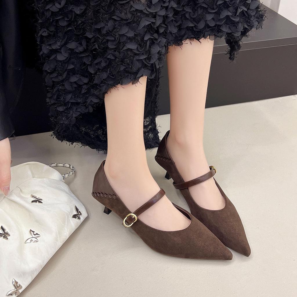 Suede splicing temperament single shoes women's spring and autumn new versatile stiletto pointed one-word buckle outer wear high heels
