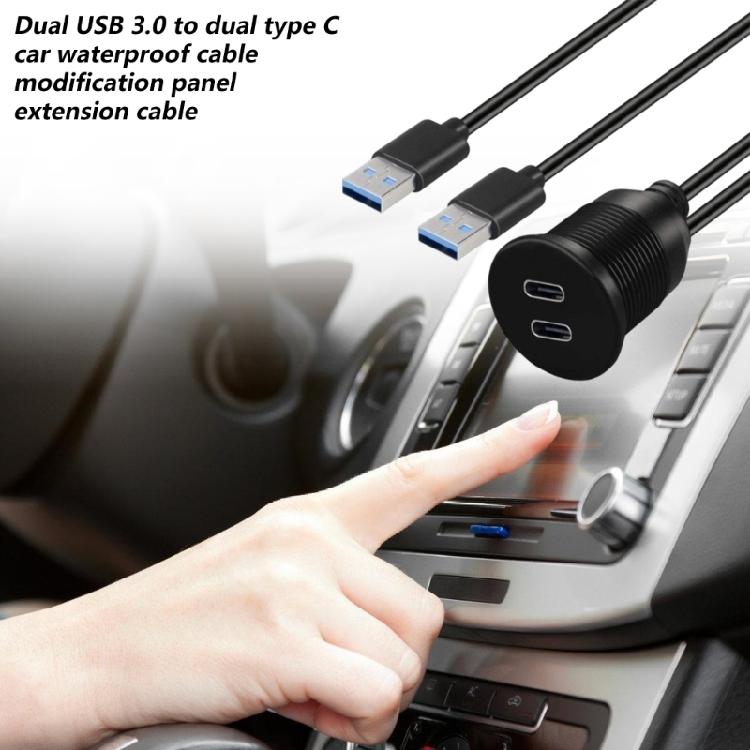 Waterproof Double USB 3.0 to Double Type C Chargers Extension Cable Panel Mount Cable for Car Dashboard Easy Installation