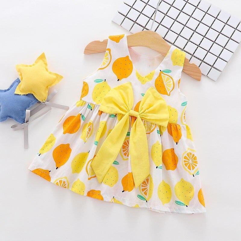 

Летнее хлопковое платье принцессы без рукавов с круглым вырезом и лимонным принтом для маленьких девочек, милое милое платье без рукавов S