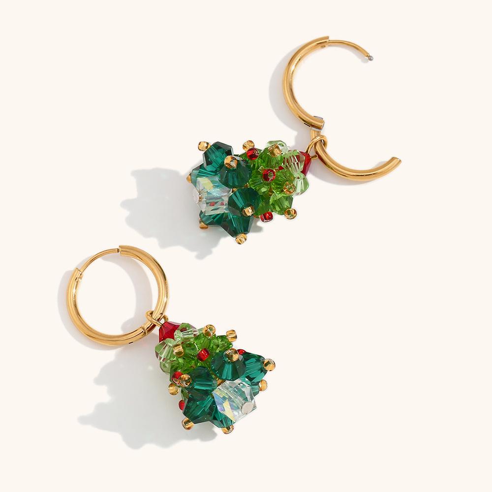 Handmade Crystal Christmas Tree Earrings & 18K Gold-Plated Necklace: Festive Jewelry for Women