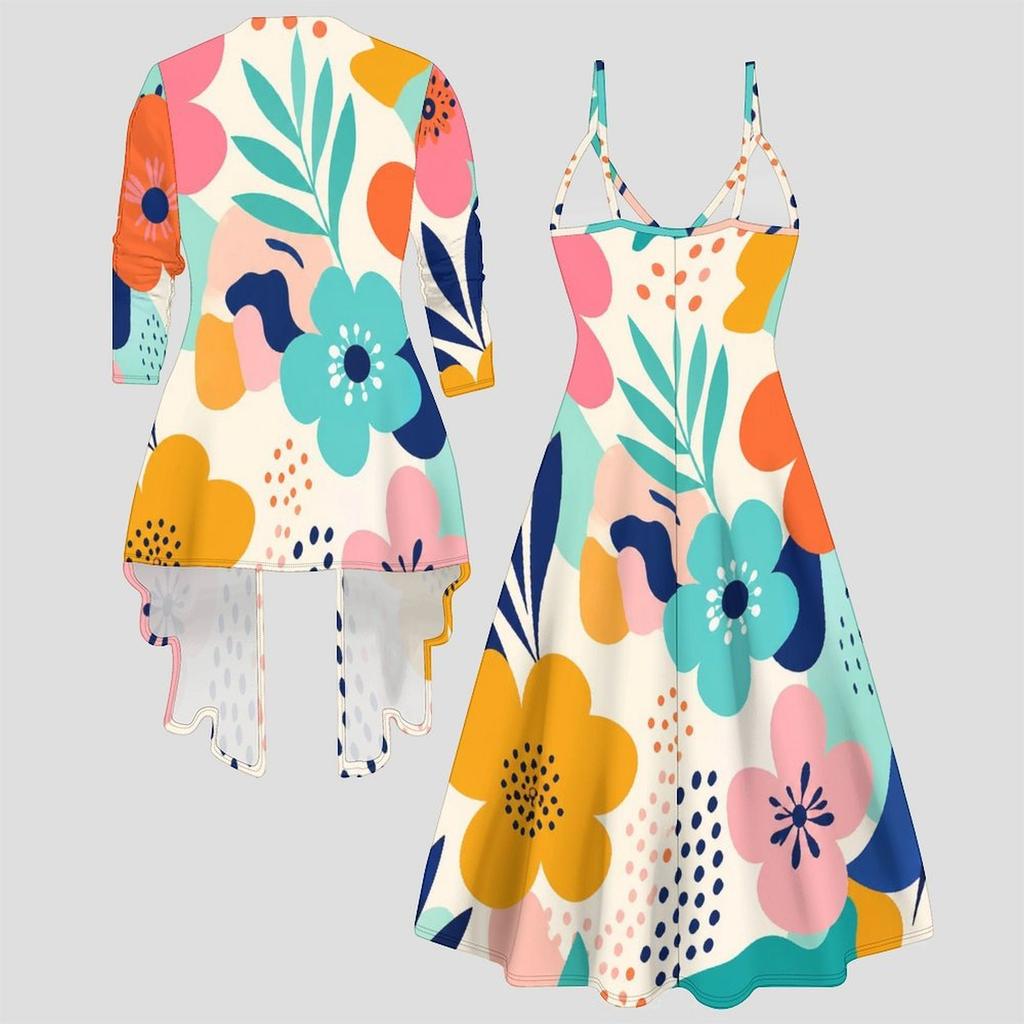 Women Plus Size Two Piece Outfit Long Sleeve Open Cardigan Cami Maxi Dress