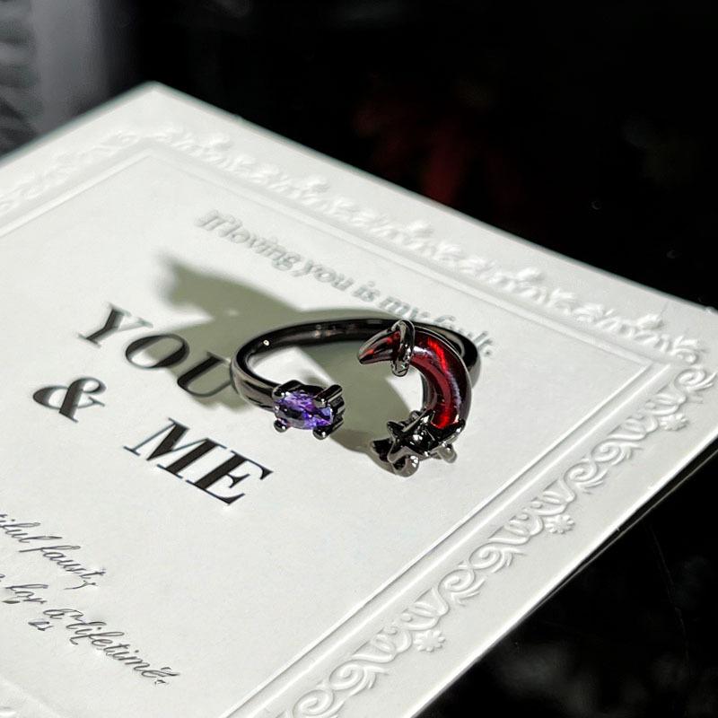 Personality dark red crescent star fashion open ring female tide cool black wings neutral wind punk niche index finger ring