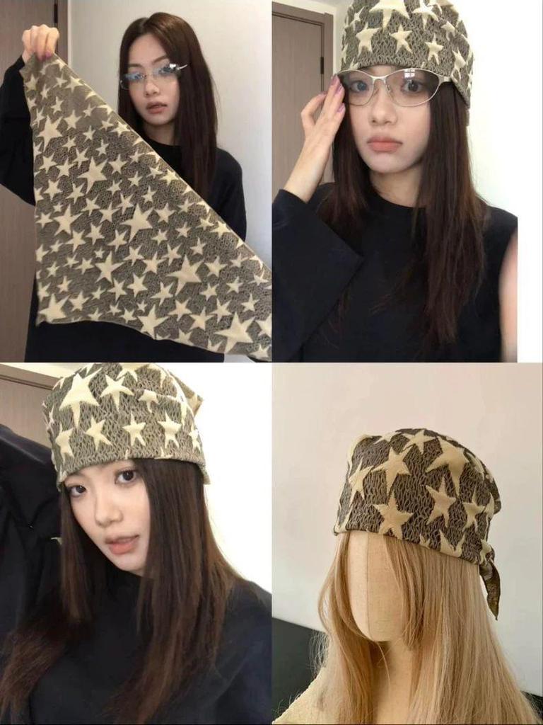 Wasteland-Inspired Y2K Lucky Star Bandana: Spicy Girl Subculture Silk Scarf for Women, Street Hip-Hop Style