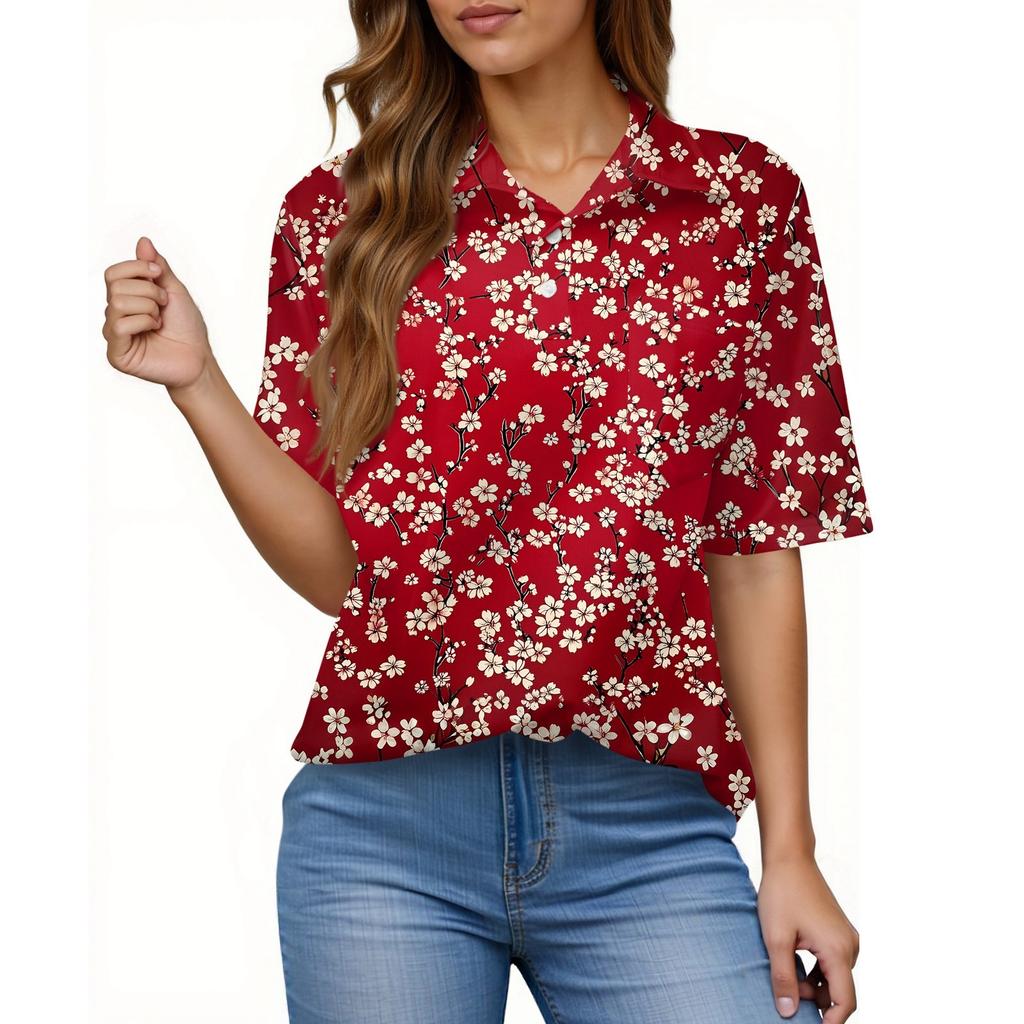Women's Fashion Casual Button Pocket Shirt Short Sleeve Print Lapel Top
