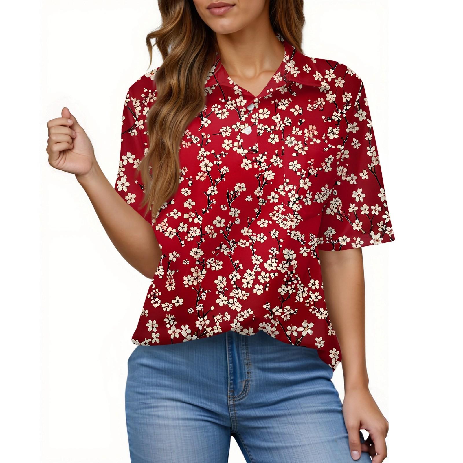 Women s Fashion Casual Button Pocket Shirt Short Sleeve Print Lapel Top XXL винный