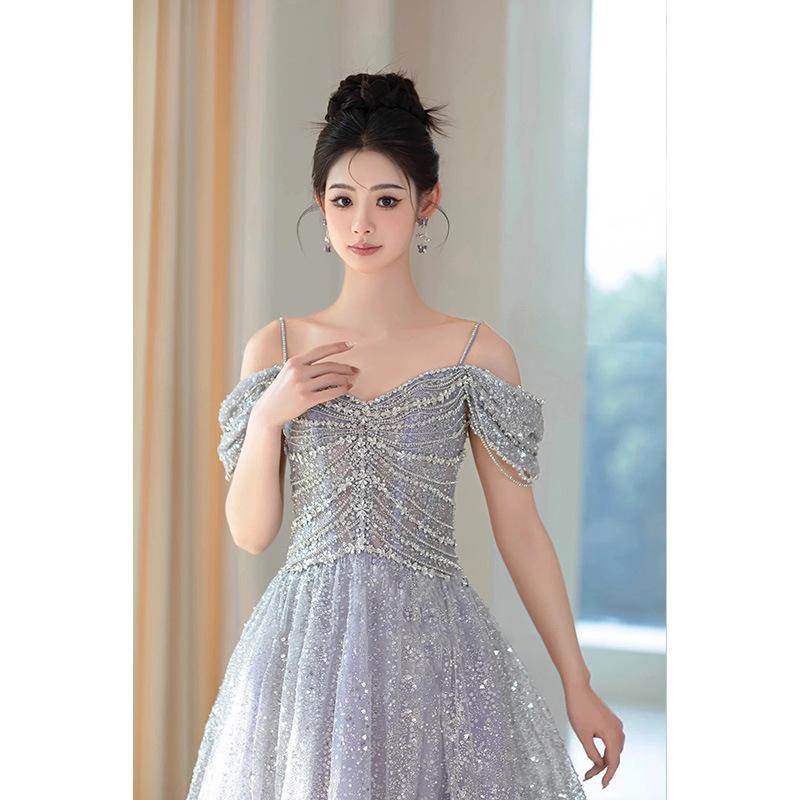 One-word shoulder evening dress women's 1011 new banquet adult ceremony niche senior temperament host art examination graduation