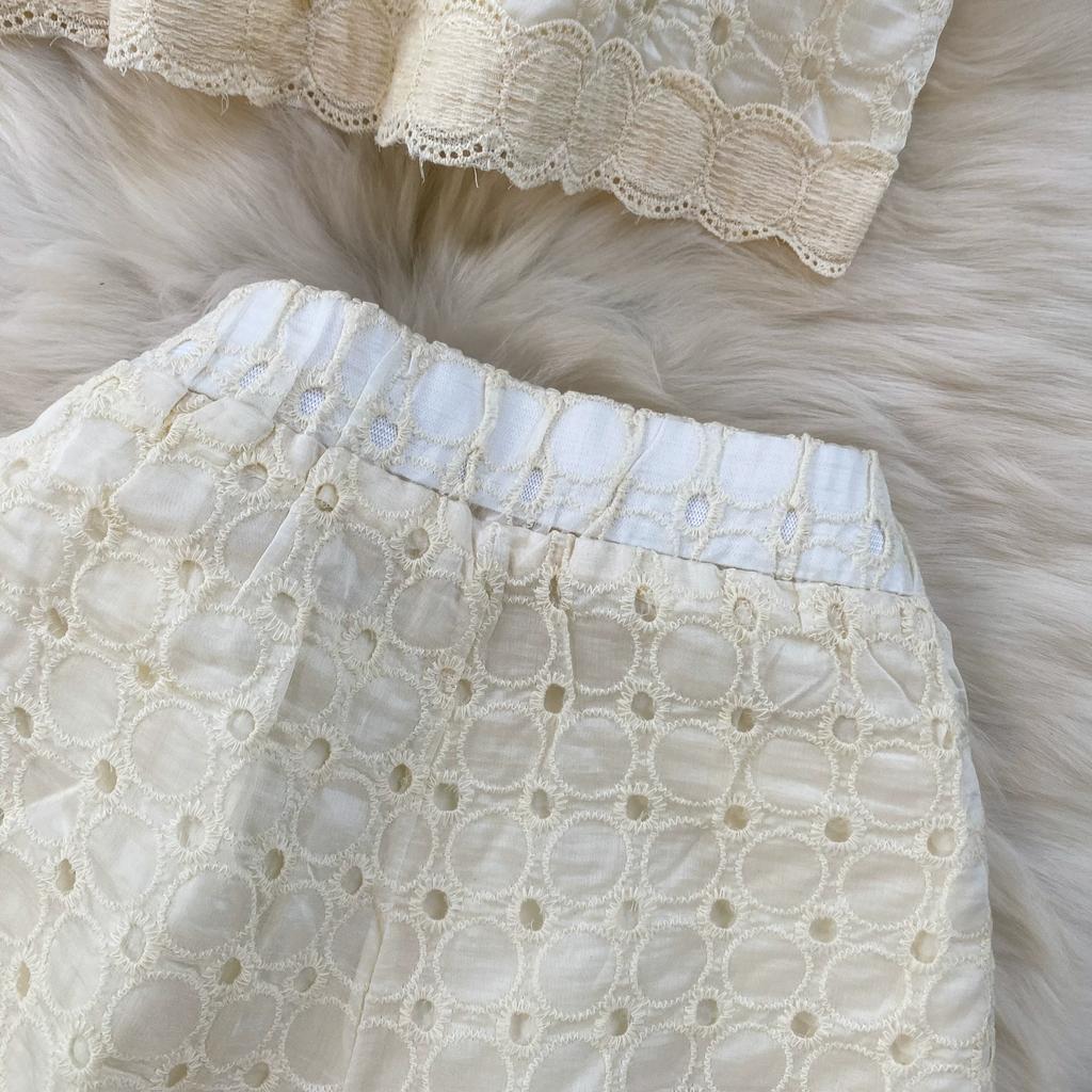 Summer Women's Embroidered Two Piece Sets Vintage Lace Splice Floral-Button Tops and Slimming Shorts Sets
