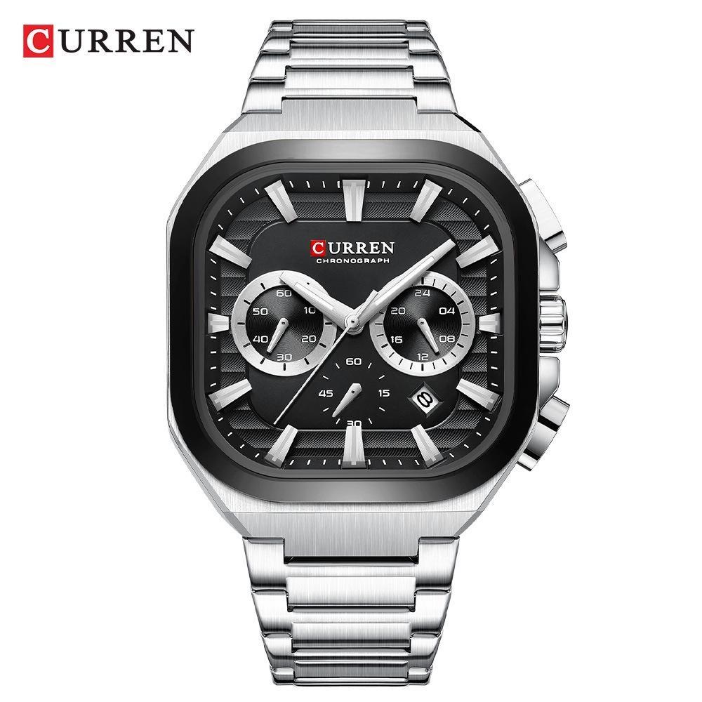 CURREN Men Square Quartz Watch Multifunction Chronograph Green Dial Waterproof Calendar Stainless Steel Mens Business Wristwatch