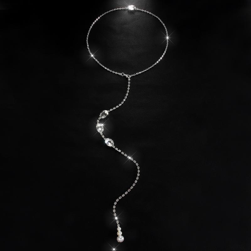 Rhinestone Pearl Back Chain Necklace Long Drop Backless Dress Jewelry For Women Wedding Party Accessories