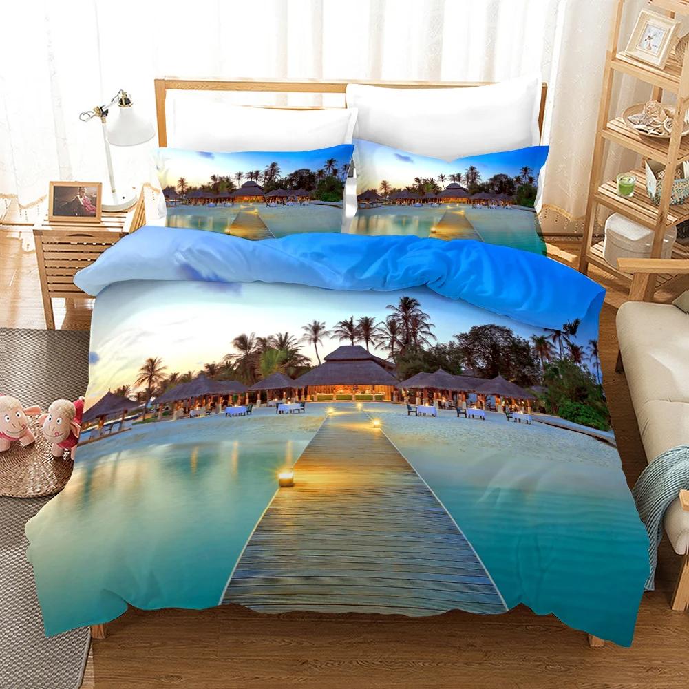 Beach Duvet Cover Set Polyester Tropical Island With The Palm Tree And Sea Beach Nature Theme Double Queen King Size Quilt Cover