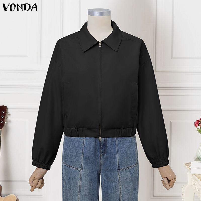 VONDA Spring Women Lapel Neck Long Sleeve Zip-up Thin Casual Cropped Jackets Coats